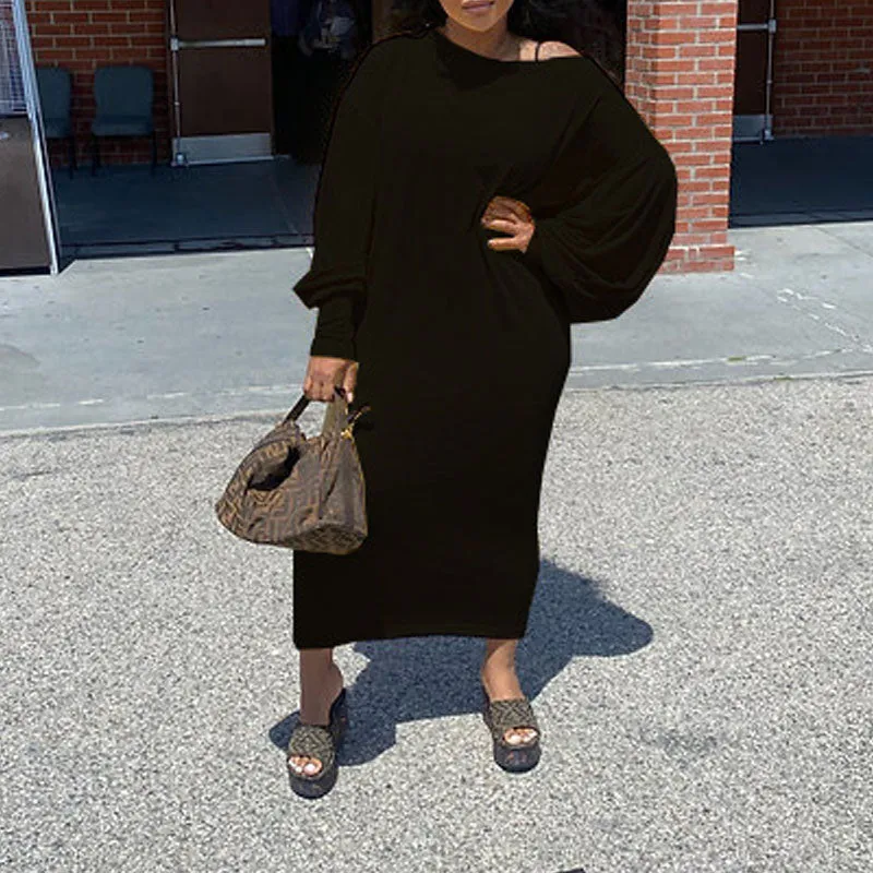 Solid Oblique Shoulder Lantern Sleeve Loose Dress