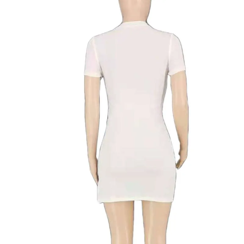 Solid Round Neck Short Sleeve Zipper Design Bodycon Dress