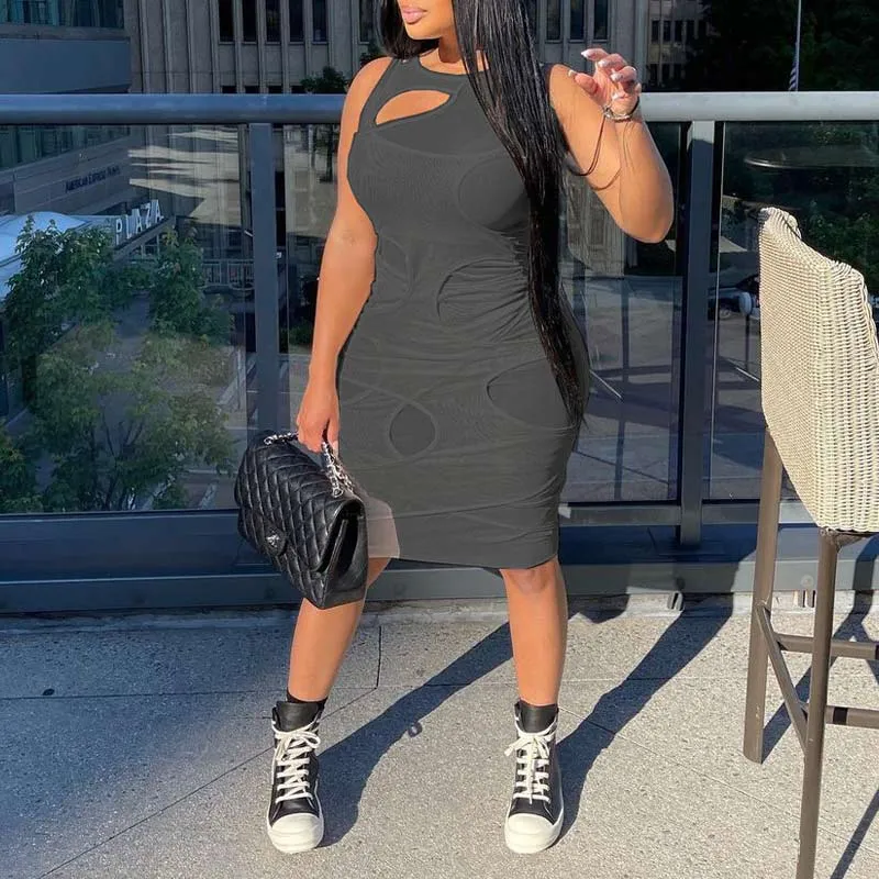 Solid Sleeveless Cut Out Sheer Mesh Bodycon Dress