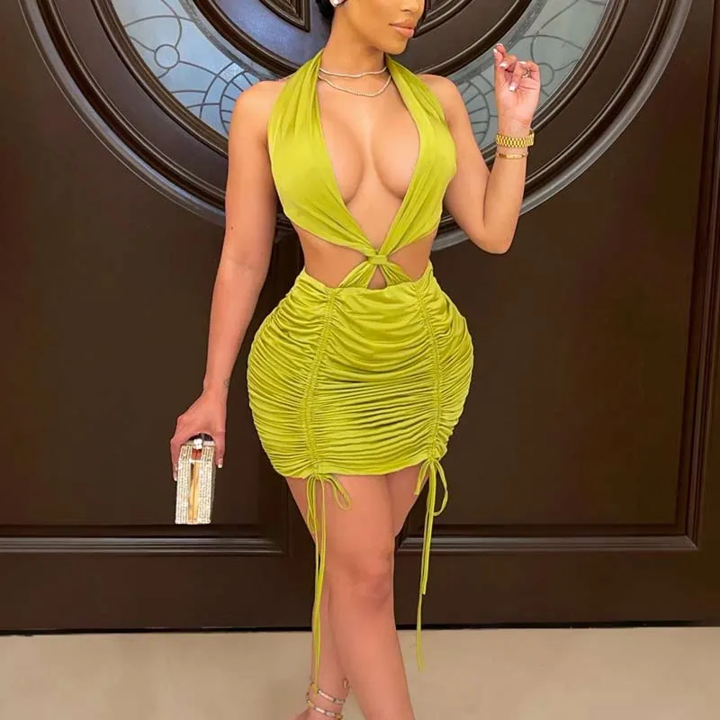 Solid Sleeveless Halter Cut Out Bodycon Dress