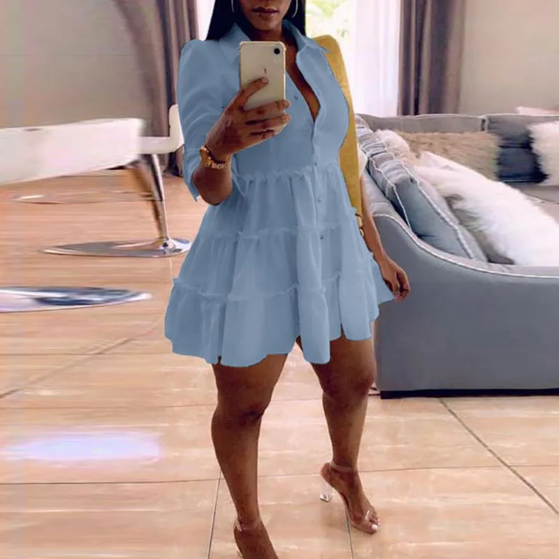 Solid Turndown Neck Half Sleeve Mini Dress