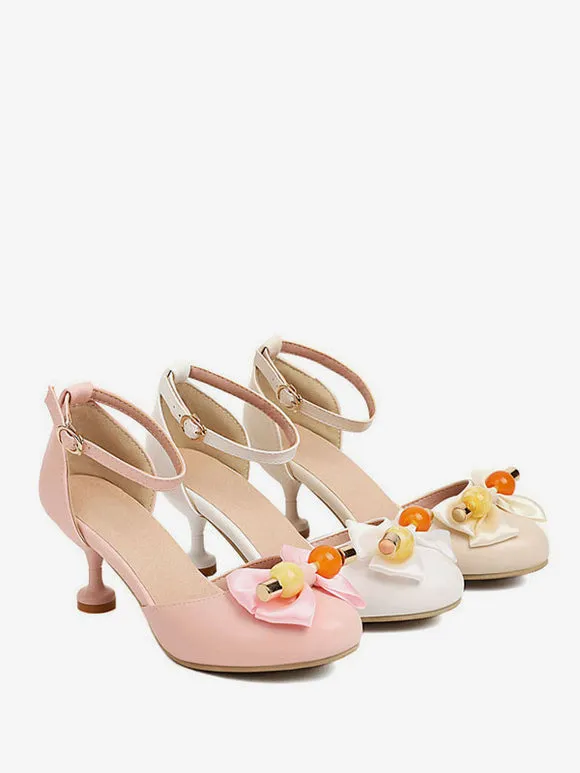 Sweet Lolita Sandals Bows Round Toe PU Leather Ecru White Lolita Summer Shoes