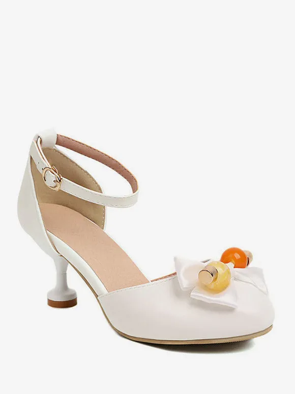 Sweet Lolita Sandals Bows Round Toe PU Leather Ecru White Lolita Summer Shoes