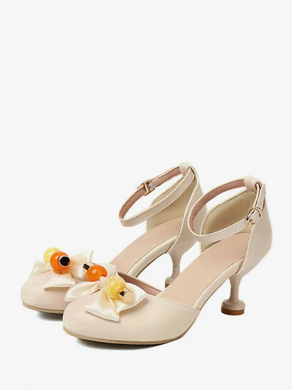 Sweet Lolita Sandals Bows Round Toe PU Leather Ecru White Lolita Summer Shoes