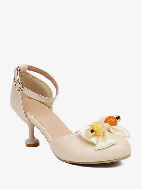 Sweet Lolita Sandals Bows Round Toe PU Leather Ecru White Lolita Summer Shoes