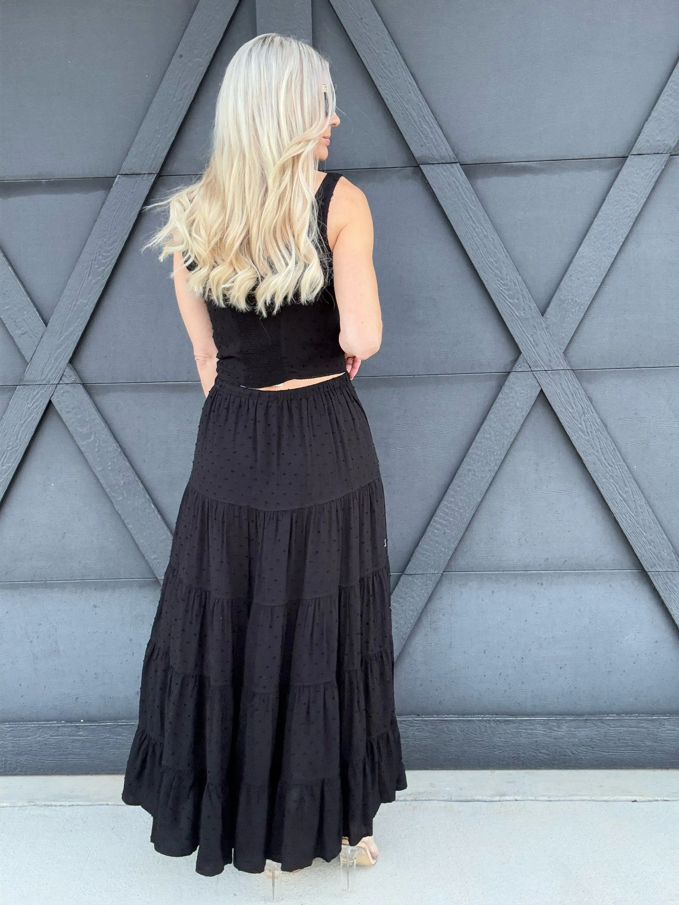 Textured Top Maxi Skirt Set In Black
