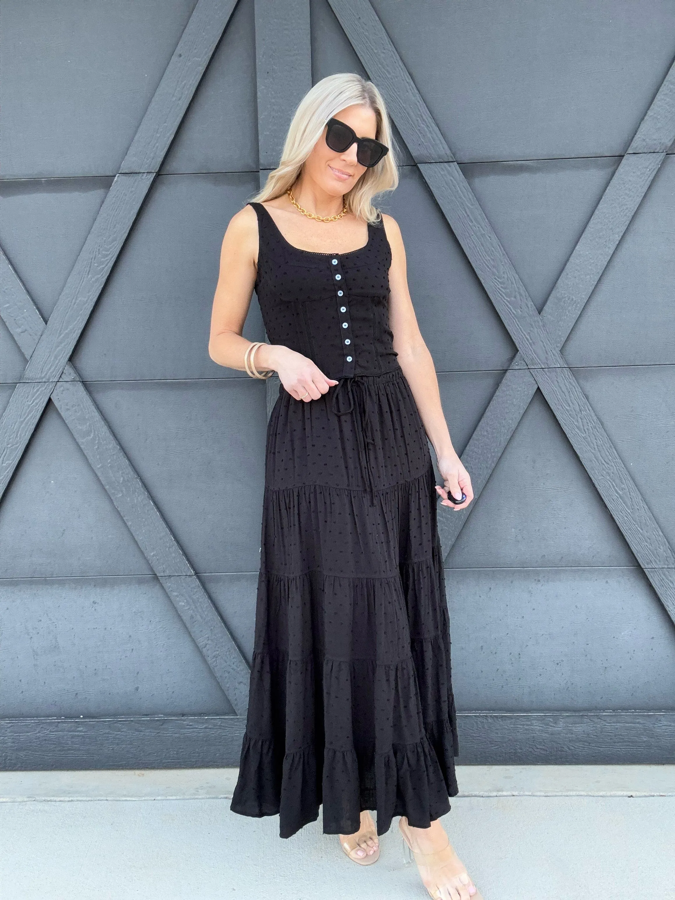 Textured Top Maxi Skirt Set In Black