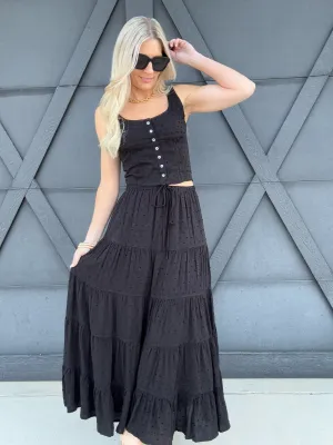 Textured Top Maxi Skirt Set In Black
