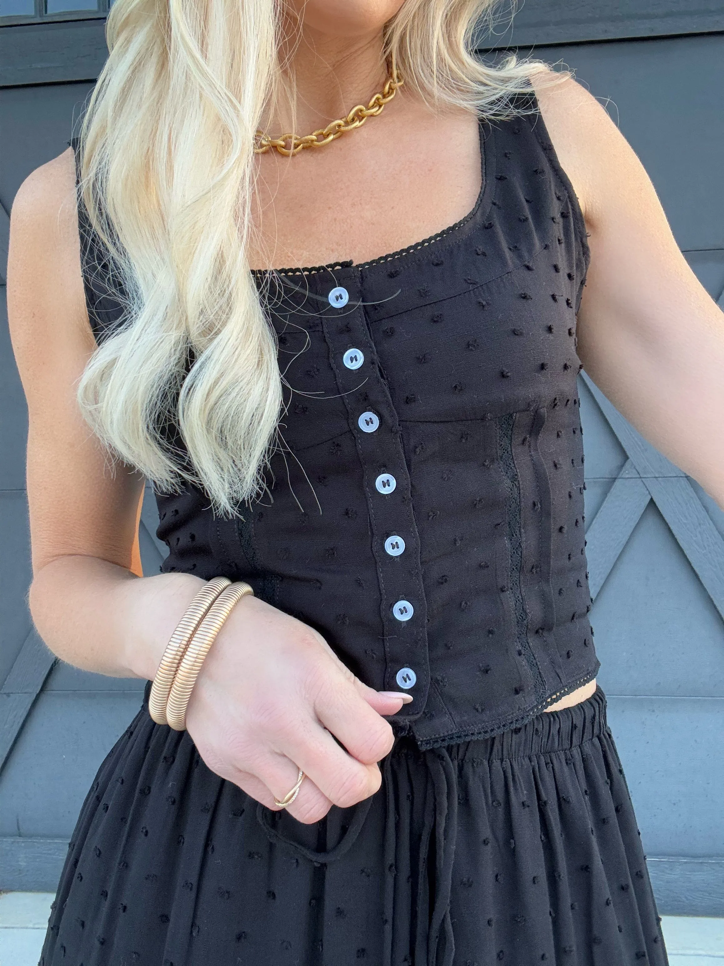 Textured Top Maxi Skirt Set In Black