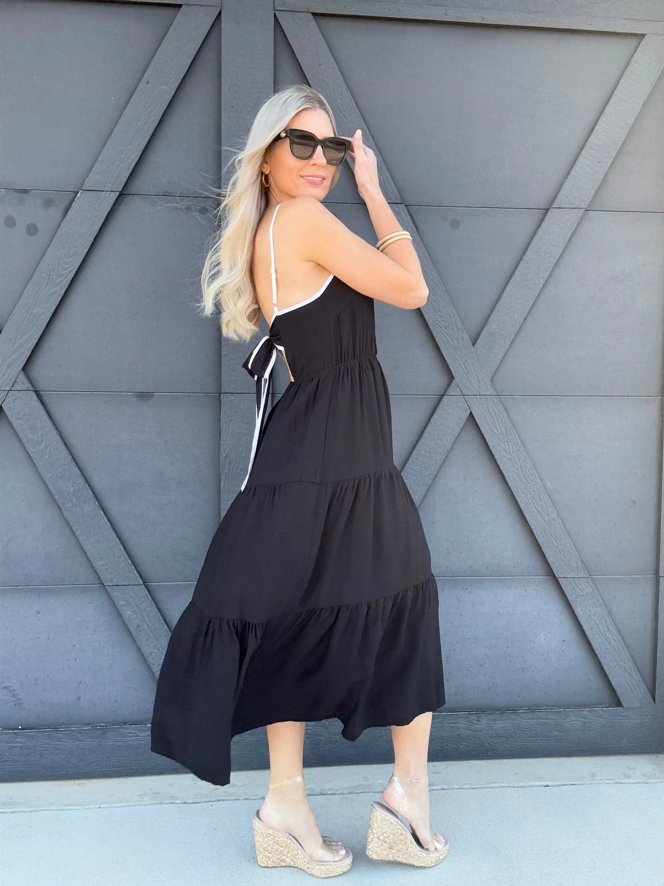 Tie Back Bow Dress In Black