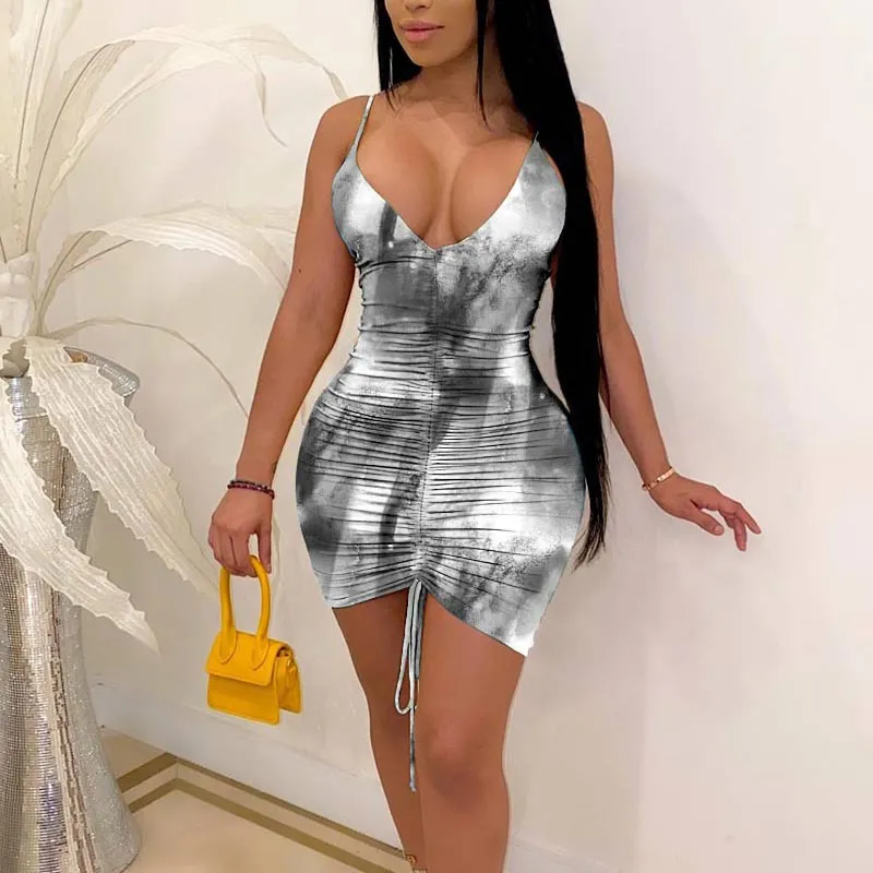Tie Dye Print Deep V-Neck Drawstring Bodycon Dress