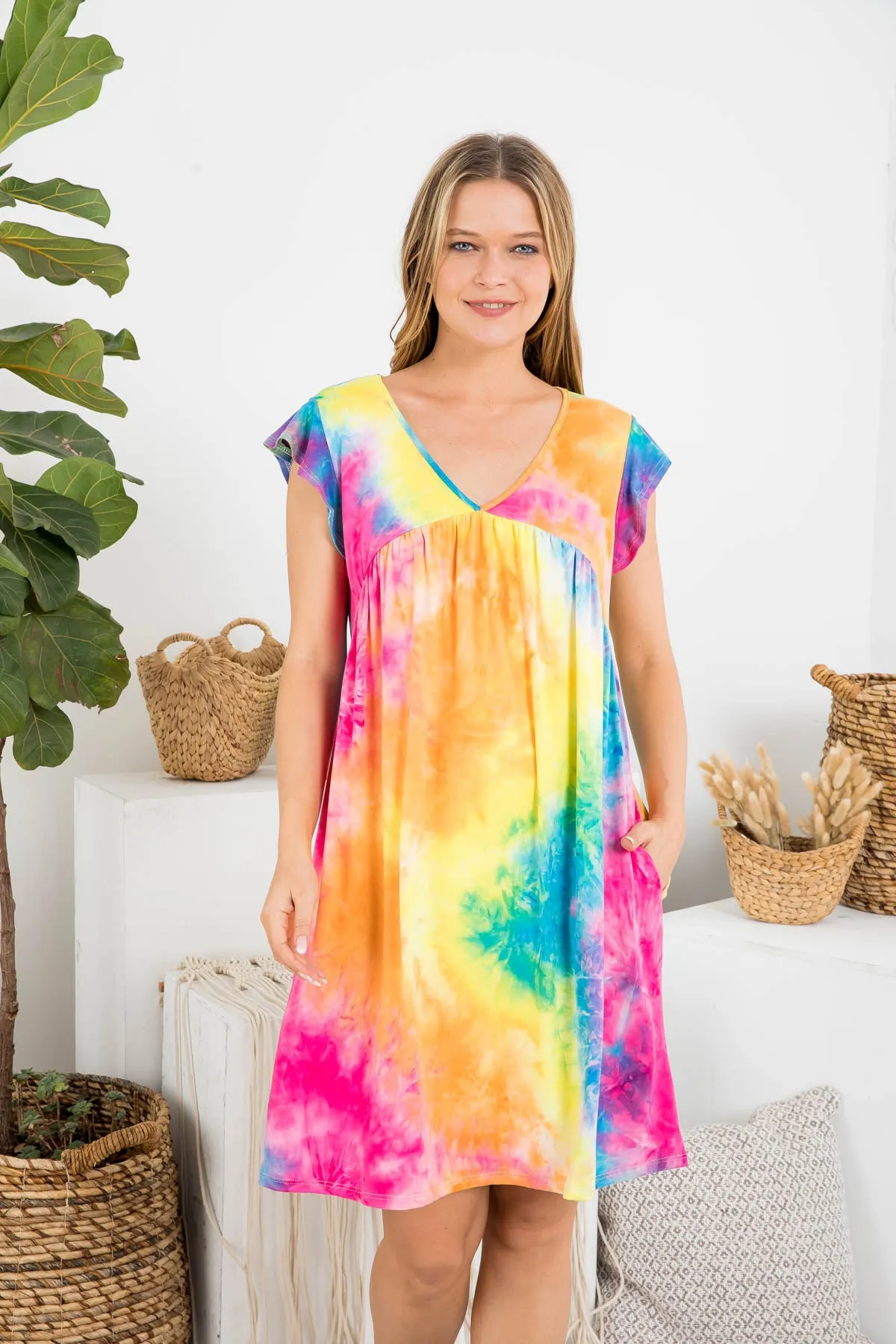 Tie Dye V-Neck Above Knee Dress
