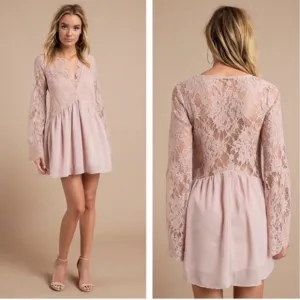 TOBI Blush Pink Nude Lace Scallop Plunge Chiffon Mini Dress Bell Sleeve …