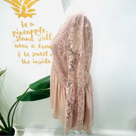 TOBI Blush Pink Nude Lace Scallop Plunge Chiffon Mini Dress Bell Sleeve …