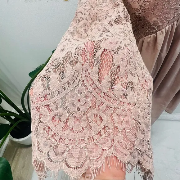 TOBI Blush Pink Nude Lace Scallop Plunge Chiffon Mini Dress Bell Sleeve …
