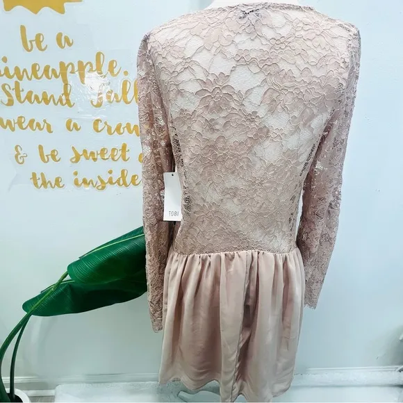 TOBI Blush Pink Nude Lace Scallop Plunge Chiffon Mini Dress Bell Sleeve …