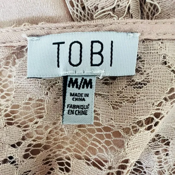 TOBI Blush Pink Nude Lace Scallop Plunge Chiffon Mini Dress Bell Sleeve …