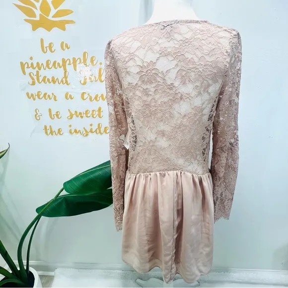 TOBI Blush Pink Nude Lace Scallop Plunge Chiffon Mini Dress Bell Sleeve …