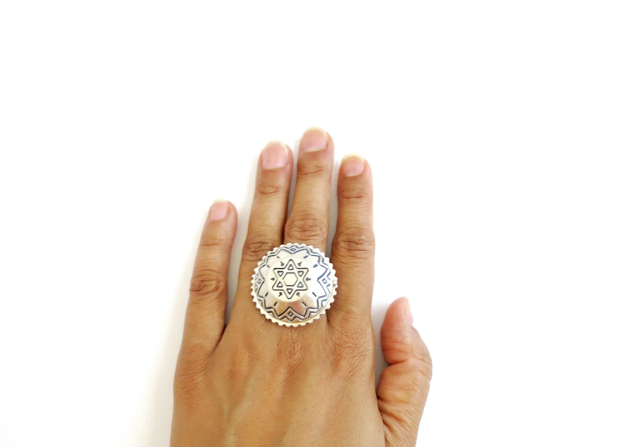 Tribal-chic, flat top dome, sterling silver amulet ring