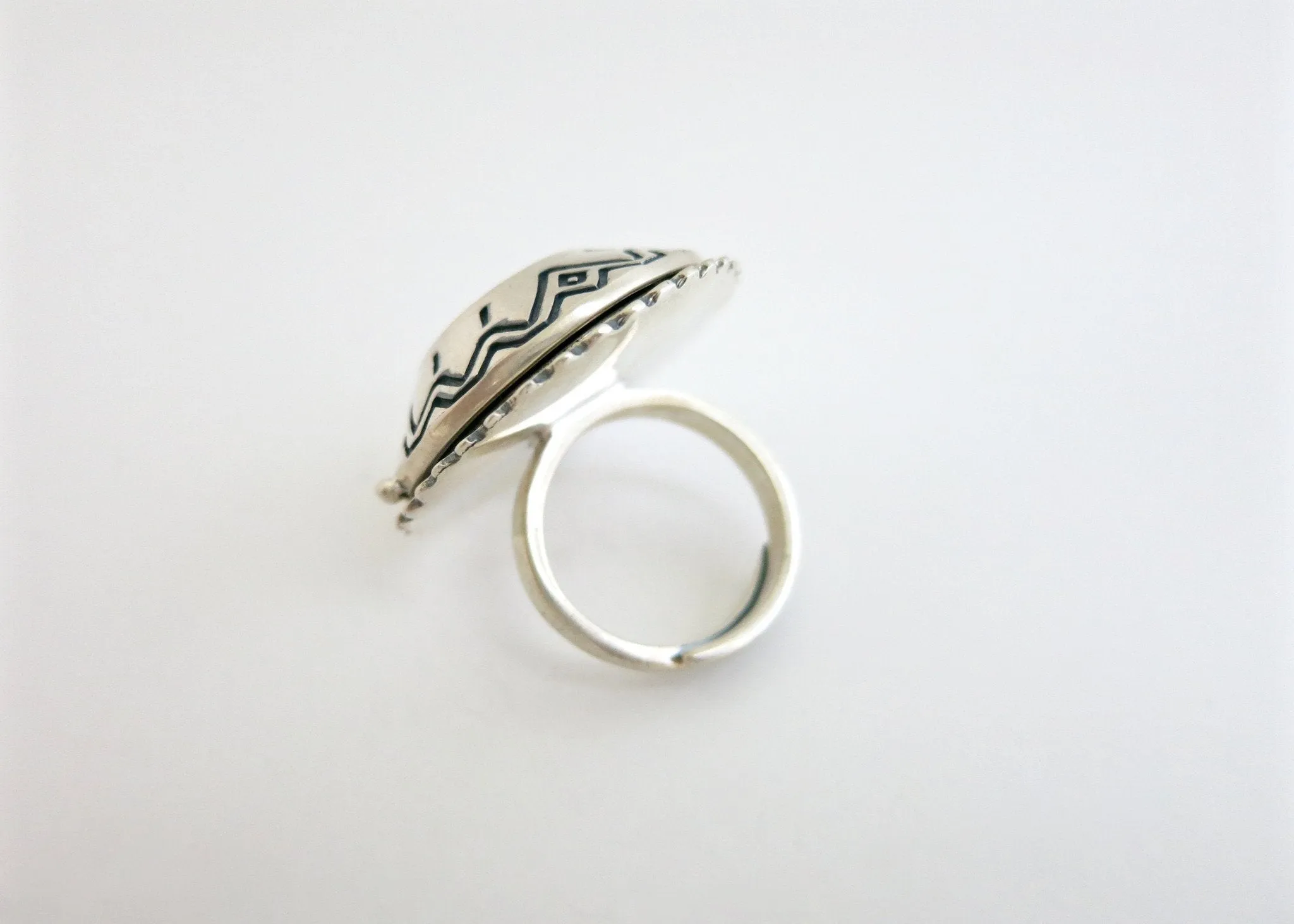 Tribal-chic, flat top dome, sterling silver amulet ring