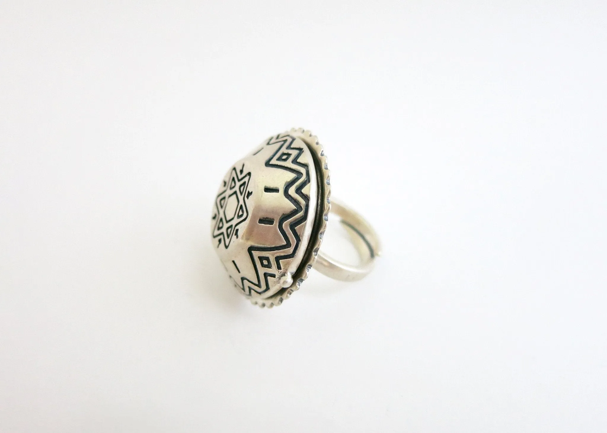 Tribal-chic, flat top dome, sterling silver amulet ring