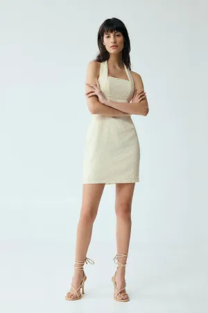 WAFFLE HALTER MINI DRESS | CREAM