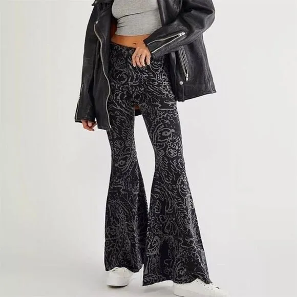 We The Free Women's Paisley Flare Jeans Black Size 28 Bohemian Style
