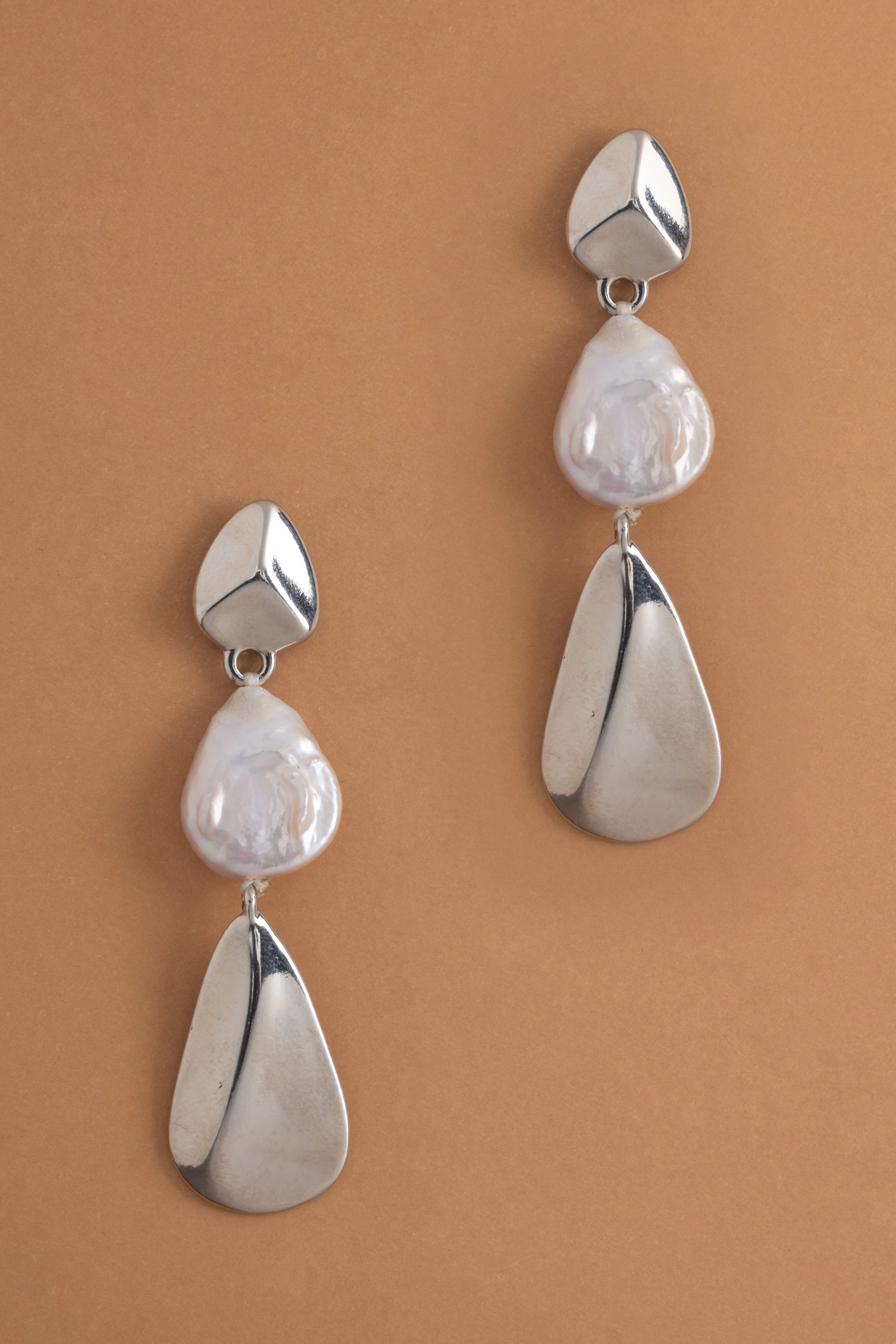 White Pearl Drop Rhodium Earrings