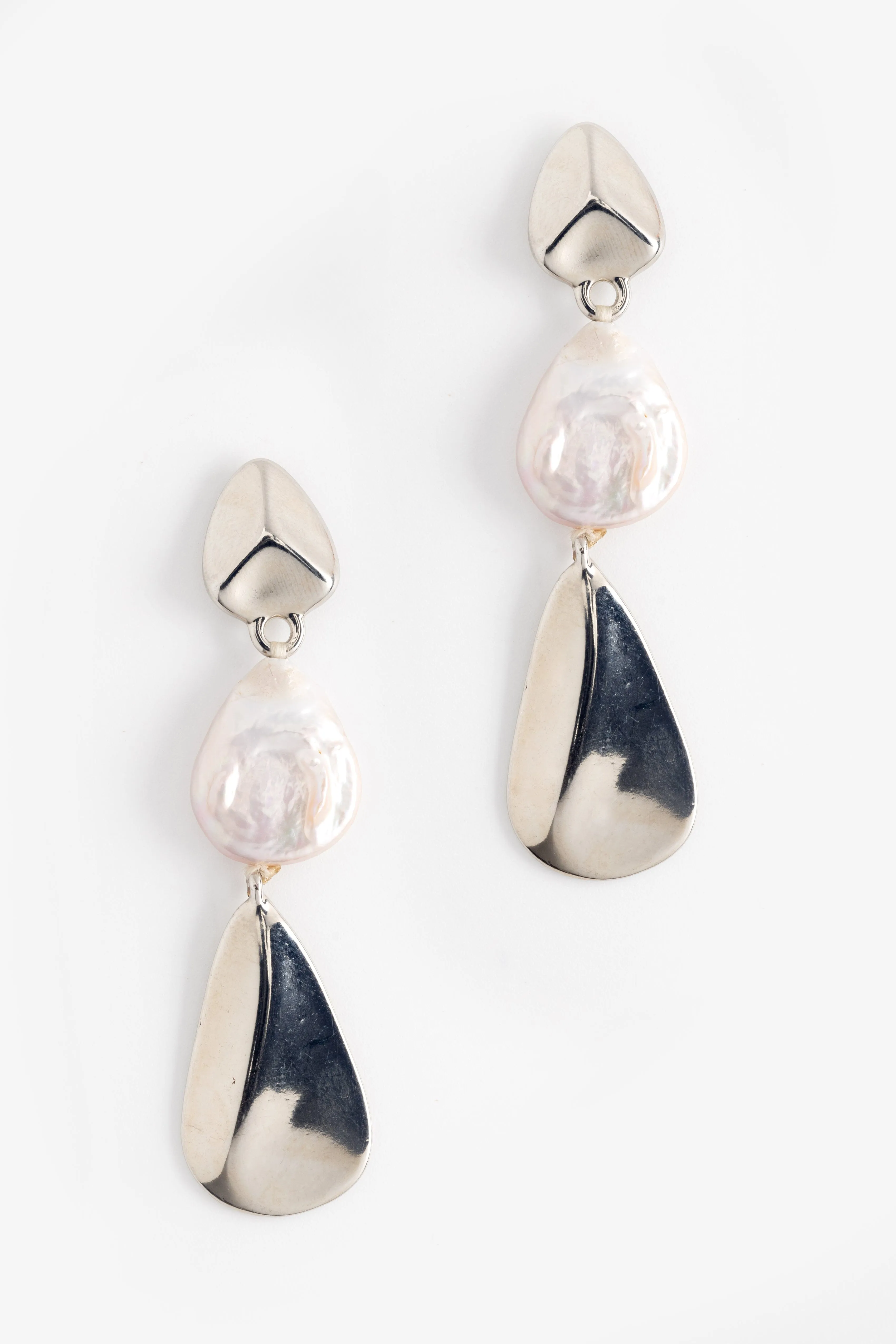 White Pearl Drop Rhodium Earrings