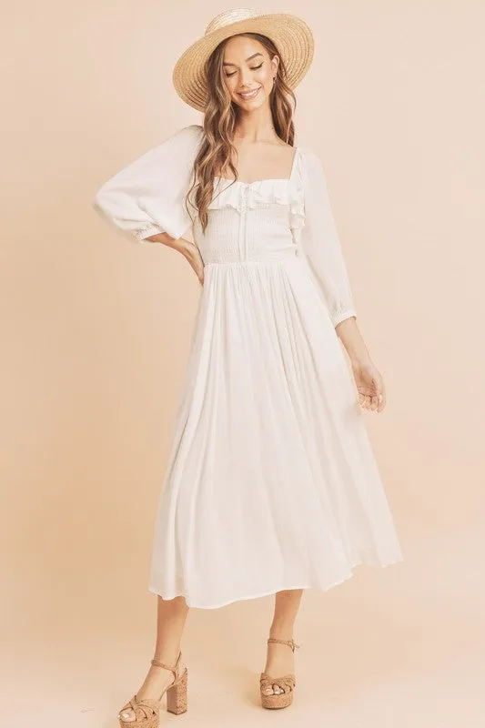 White Ruffled Smocked Square Neck Balloon Sleeve Dress