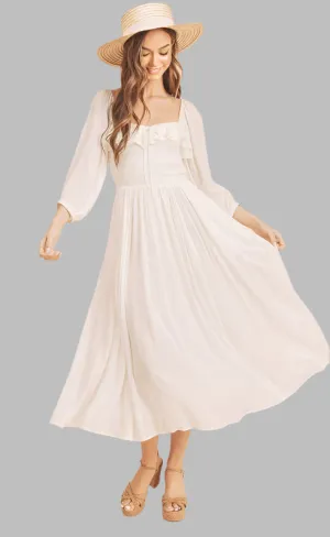 White Ruffled Smocked Square Neck Balloon Sleeve Dress
