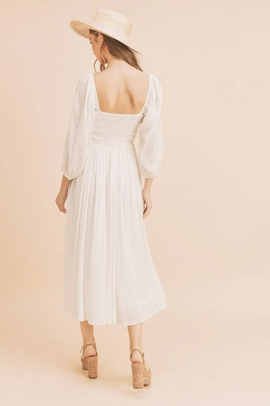 White Ruffled Smocked Square Neck Balloon Sleeve Dress