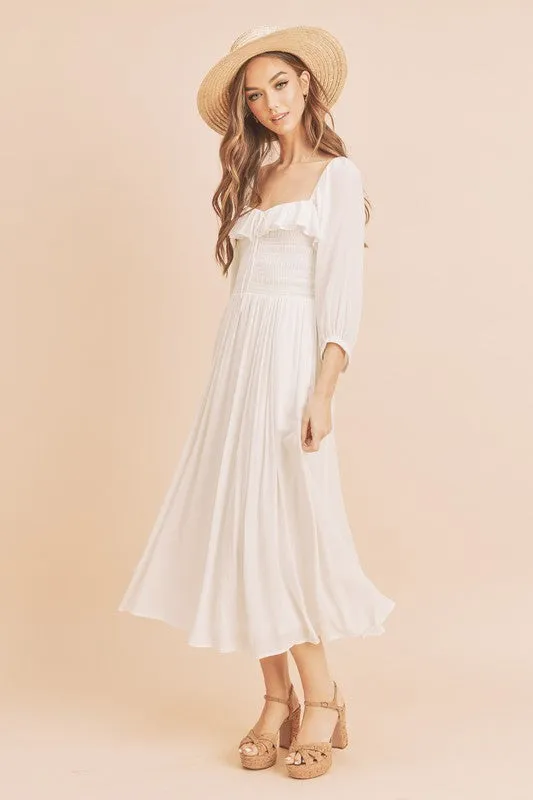 White Ruffled Smocked Square Neck Balloon Sleeve Dress