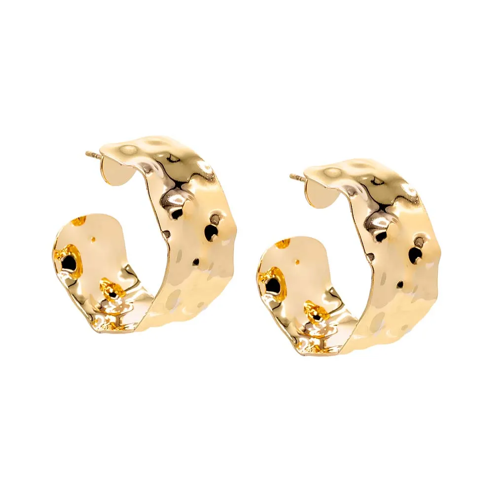Wide Vintage Dented Flat Open Hoop Earring