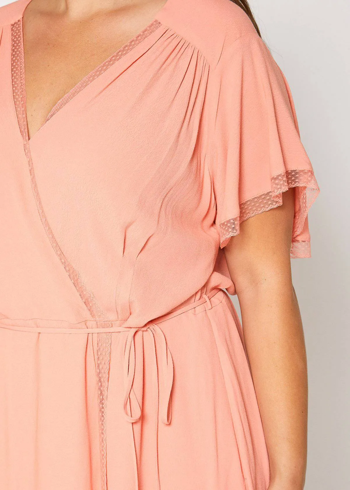 Women's Plus Size Lace Trim Wrap Dress in Coral
