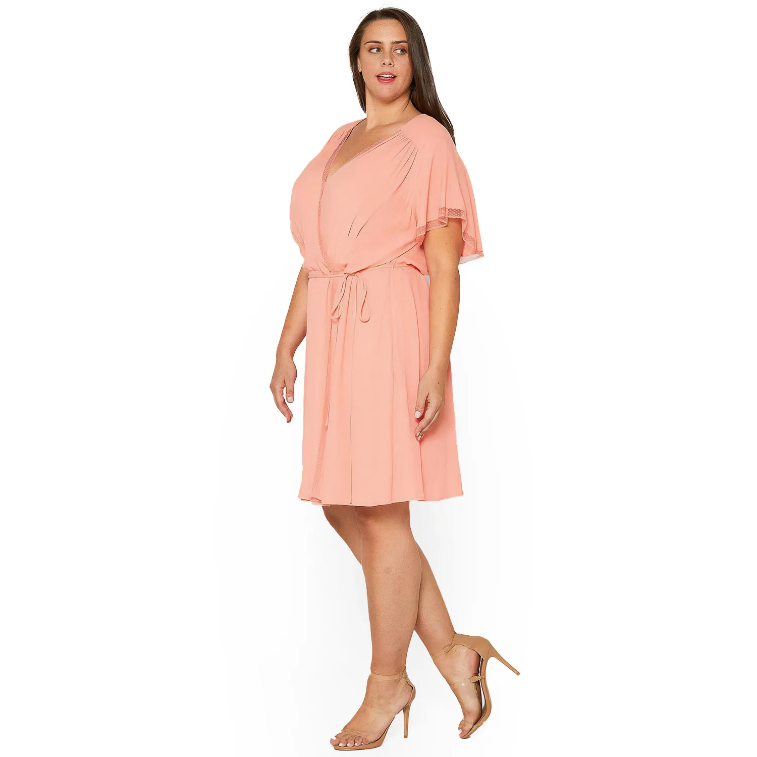 Women's Plus Size Lace Trim Wrap Dress in Coral