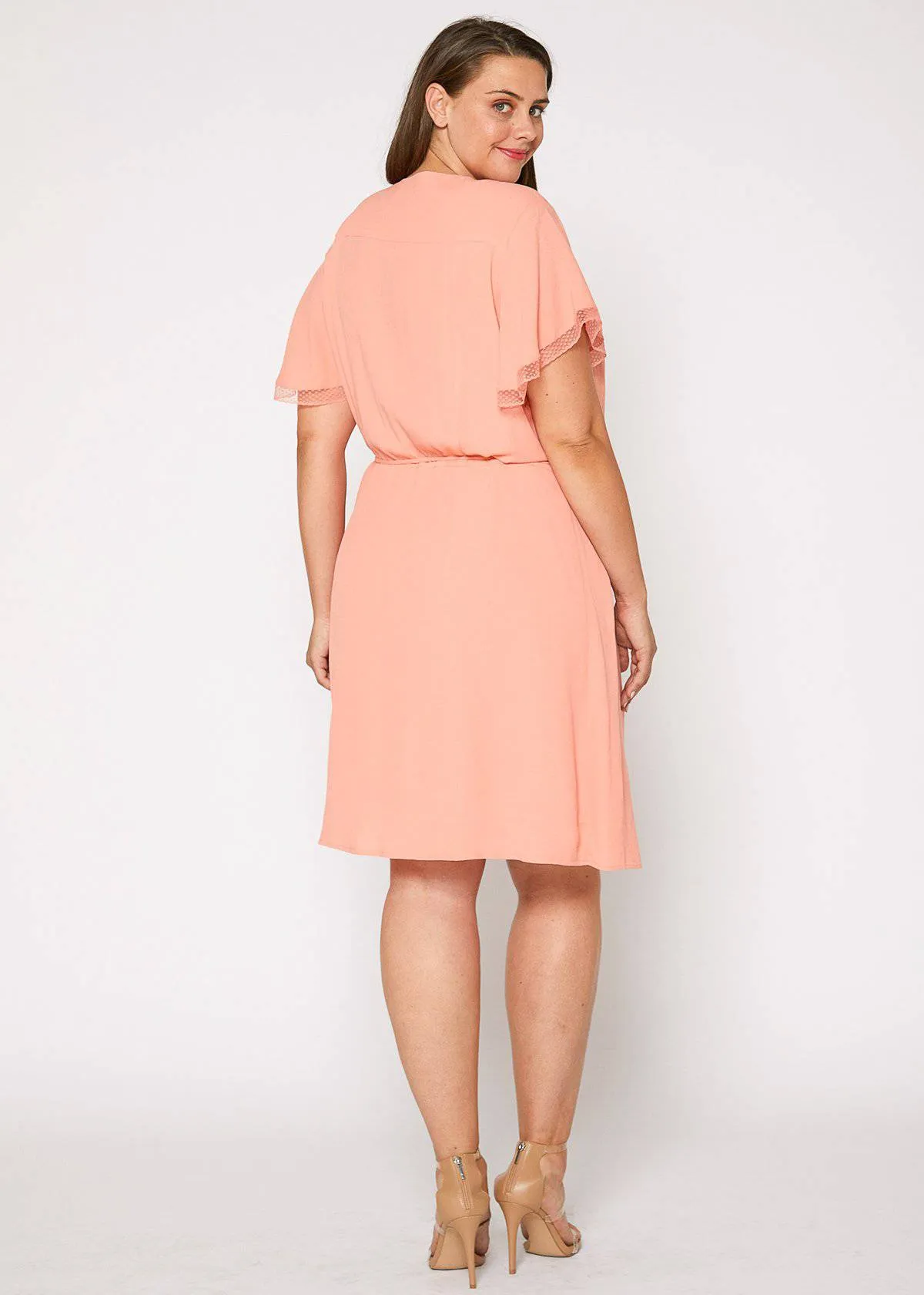 Women's Plus Size Lace Trim Wrap Dress in Coral