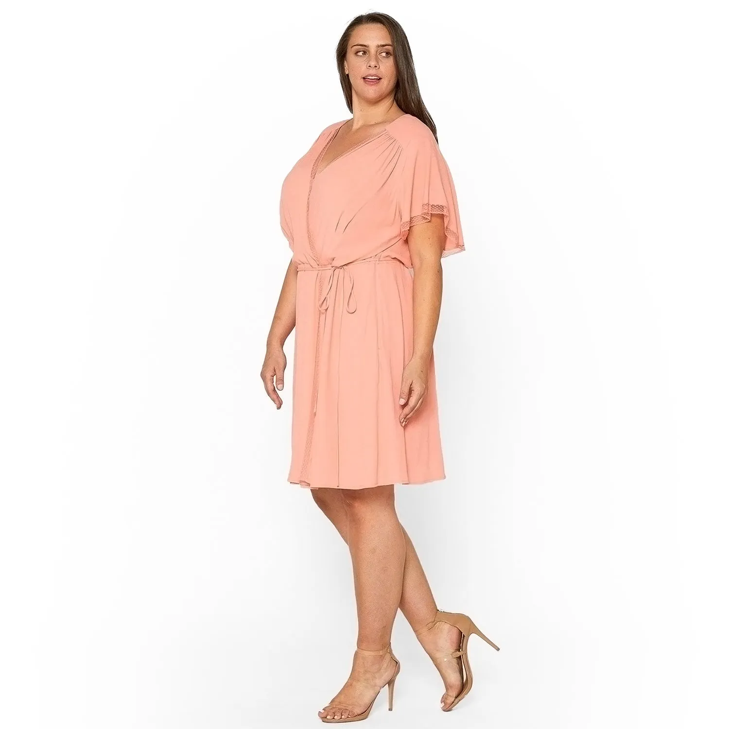 Women's Plus Size Lace Trim Wrap Dress in Coral