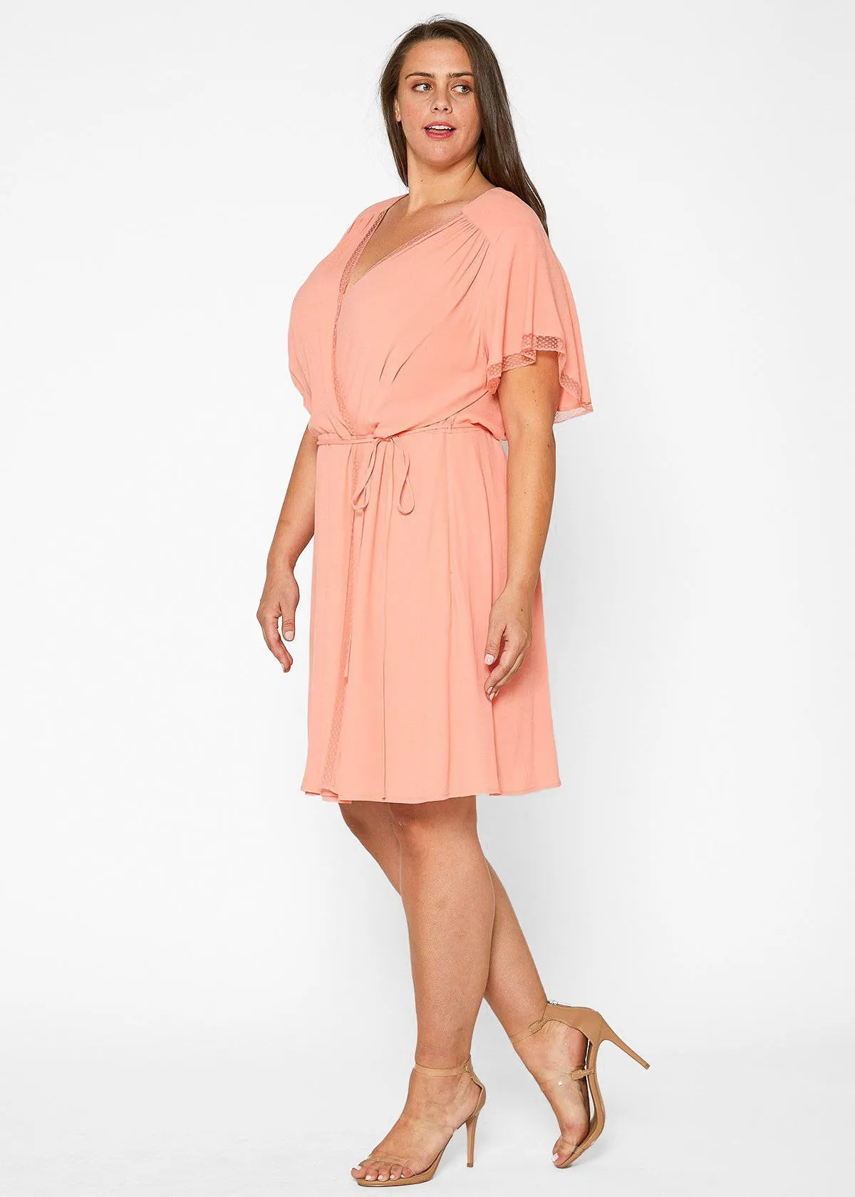 Women's Plus Size Lace Trim Wrap Dress in Coral
