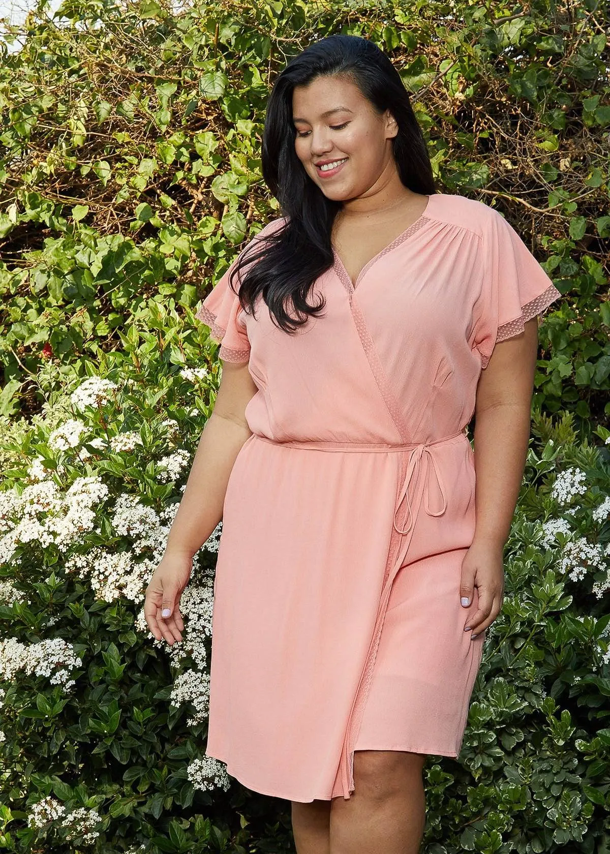 Women's Plus Size Lace Trim Wrap Dress in Coral