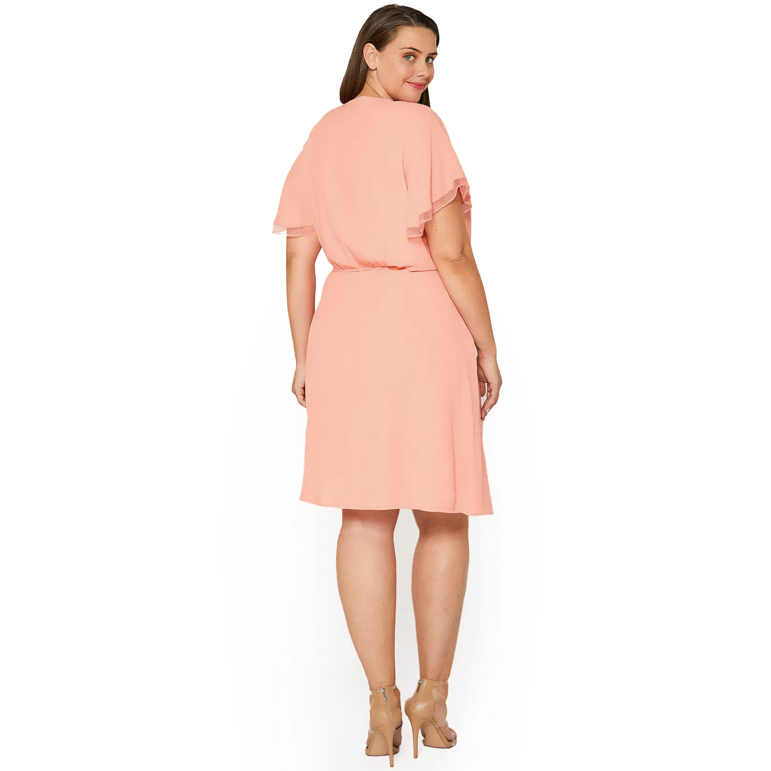 Women's Plus Size Lace Trim Wrap Dress in Coral