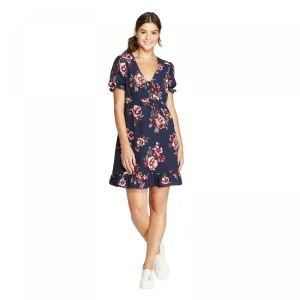 Xhilaration Women's Floral Print Short Sleeve V-Neck Tie Front Mini Dress