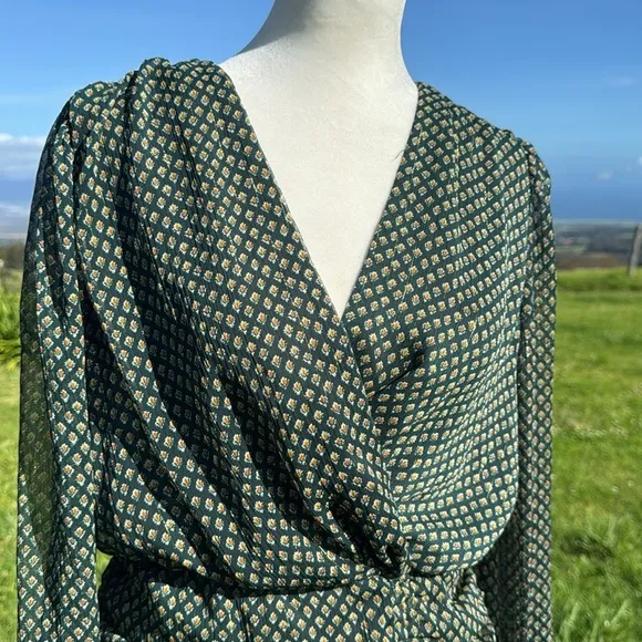 Zara Green Metallic Thread Draped Mini Dress V-neck Long Sleeve Chic Ruffle