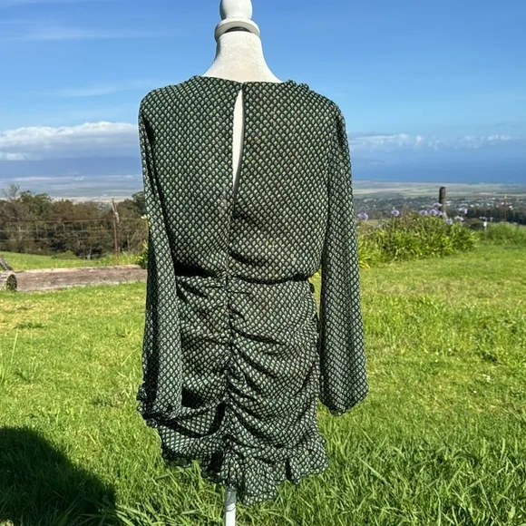 Zara Green Metallic Thread Draped Mini Dress V-neck Long Sleeve Chic Ruffle