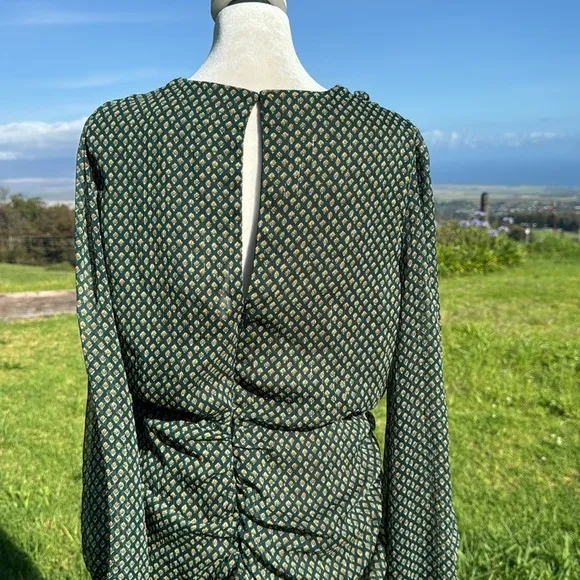 Zara Green Metallic Thread Draped Mini Dress V-neck Long Sleeve Chic Ruffle