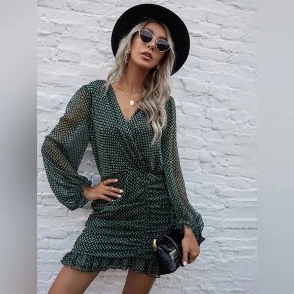 Zara Green Metallic Thread Draped Mini Dress V-neck Long Sleeve Chic Ruffle