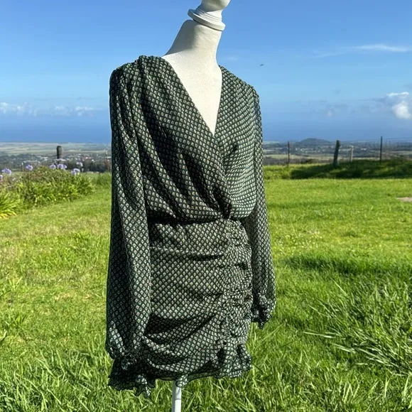 Zara Green Metallic Thread Draped Mini Dress V-neck Long Sleeve Chic Ruffle