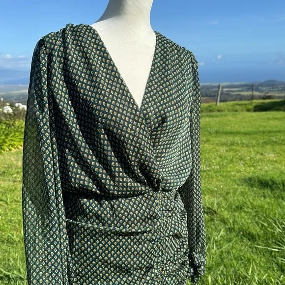 Zara Green Metallic Thread Draped Mini Dress V-neck Long Sleeve Chic Ruffle