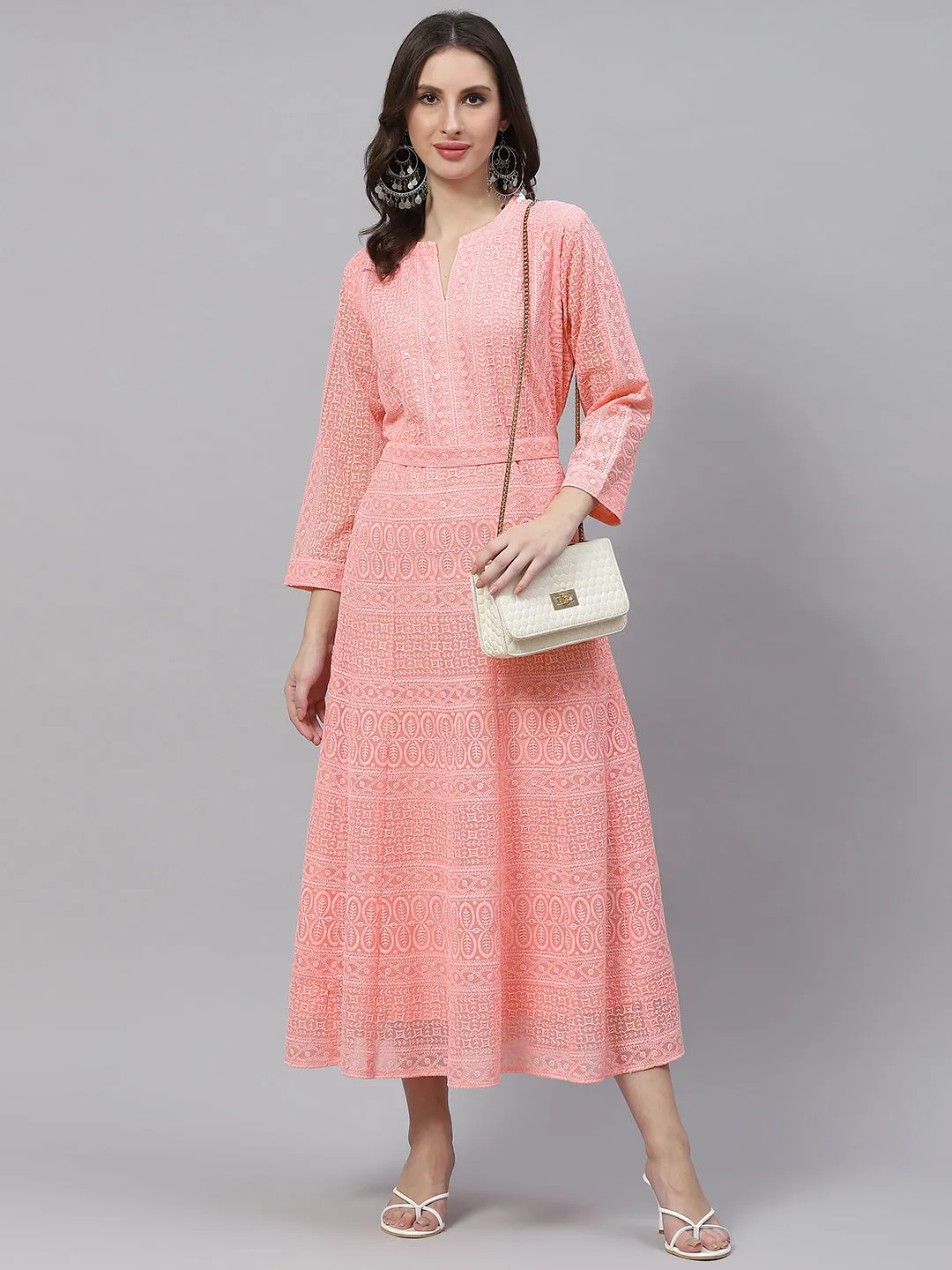 ZOLA  Mandarin Collar Georgette All Over Chikankari Embroidery Peach Flared Dress For Women