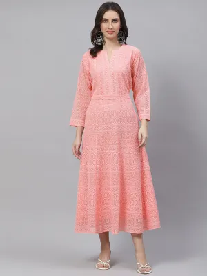 ZOLA  Mandarin Collar Georgette All Over Chikankari Embroidery Peach Flared Dress For Women